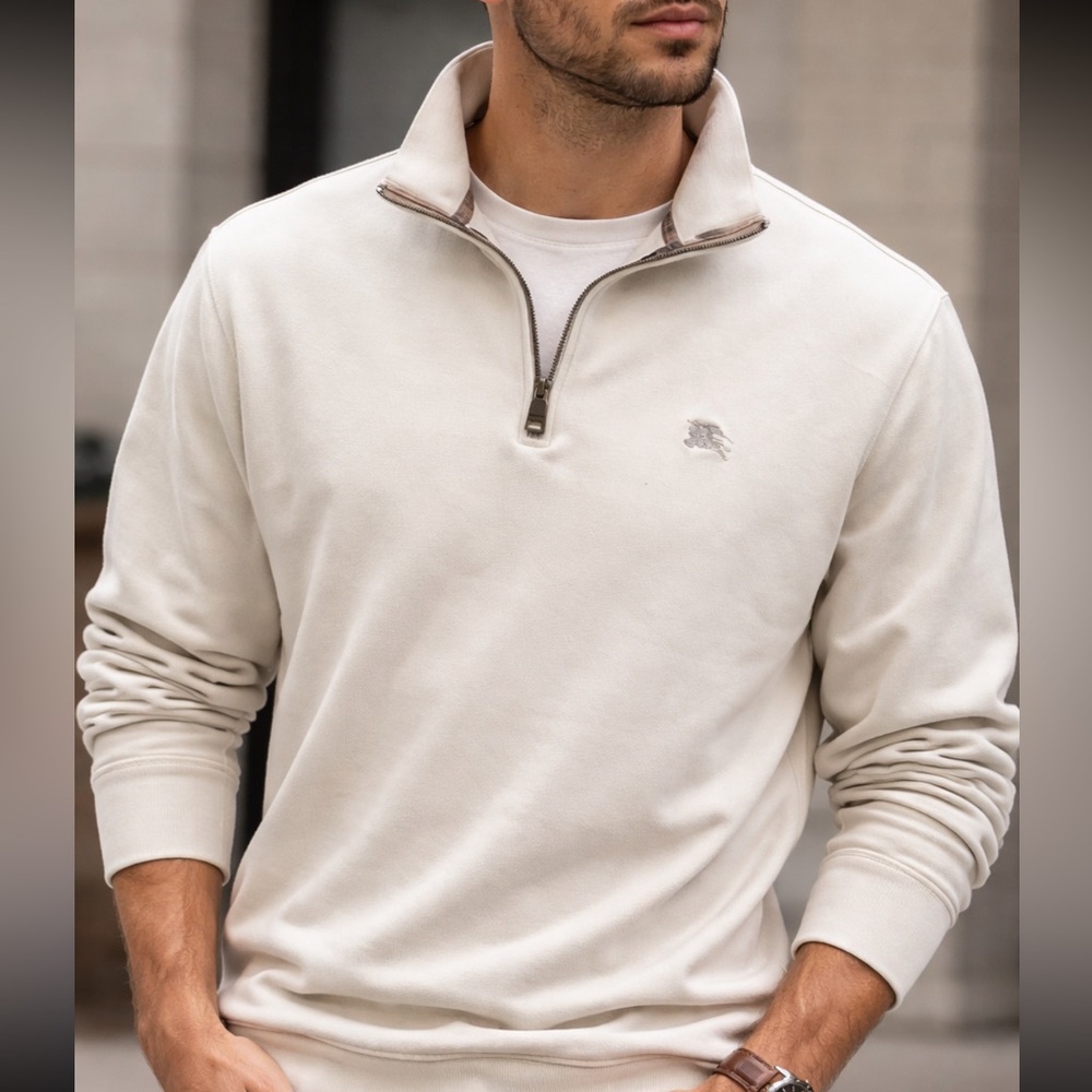 Burberry Brit Men’s Quarter Zip Pullover XL Beige Nova Check Trim